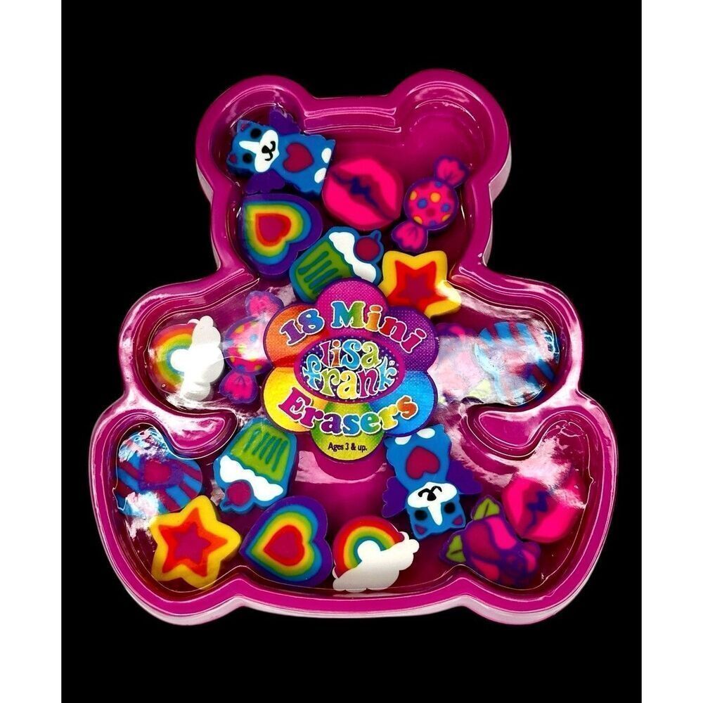 New Vintage Y2K Lisa Frank 18 Mini Erasers Pink Teddy Bear Case Unused
